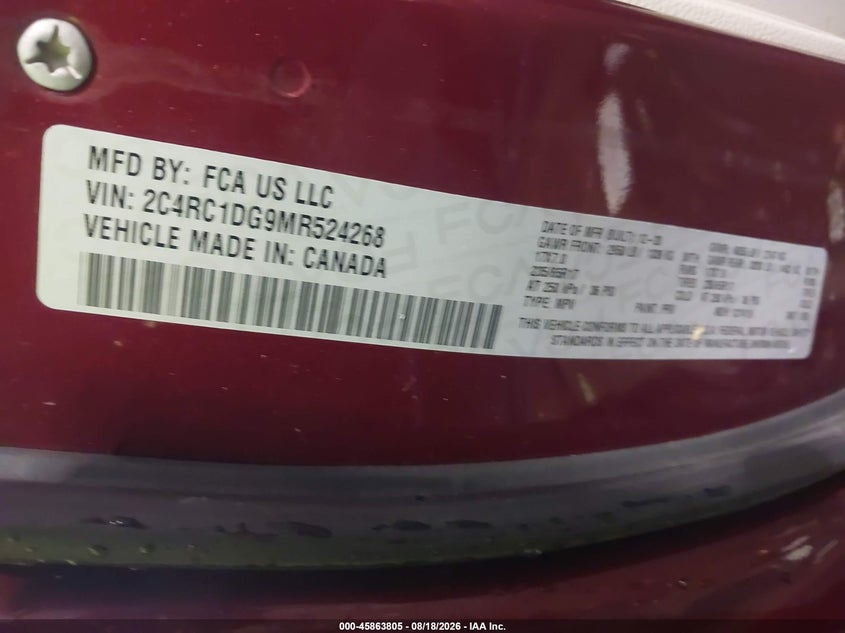 2021 Chrysler Voyager VIN 2C4RC1DG9MR524268 IAAI salvage auction — WATER/FLOOD, Wait Title, sold $125 on 2026-10-06 (photo 9)