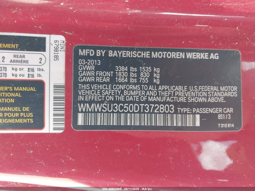 2013 Mini Hardtop VIN WMWSU3C50DT372803 IAAI salvage auction — NORMAL WEAR, Original (Texas), sold $1,225 on 2026-08-14 (photo 9)
