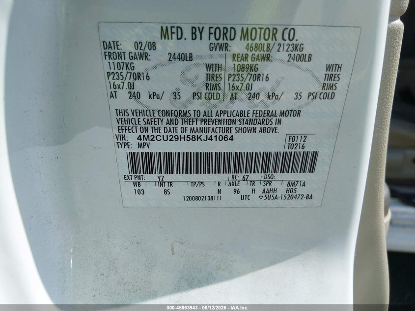2008 Mercury Mariner VIN 4M2CU29H58KJ41064 IAAI salvage auction — FRONT END, Salvage (California), sold $225 on 2026-09-23 (photo 9)