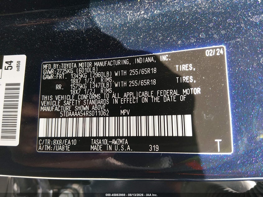 2024 Toyota Highlander VIN 5TDAAAA54RS011062 IAAI salvage auction — FRONT END, Wait Title, sold $20,500 on 2026-09-15 (photo 9)