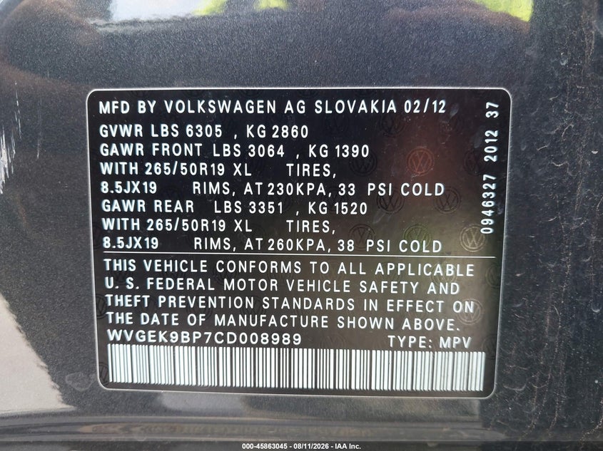 2012 Volkswagen Touareg VIN WVGEK9BP7CD008989 IAAI salvage auction — NORMAL WEAR, Original (Texas), sold $850 on 2026-08-18 (photo 9)
