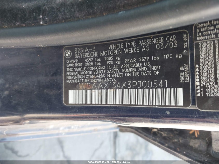 2003 BMW 3 series VIN WBAAX134X3PJ00541 IAAI salvage auction — NORMAL WEAR, App For Dup Clear (California), sold $550 on 2026-08-17 (photo 9)