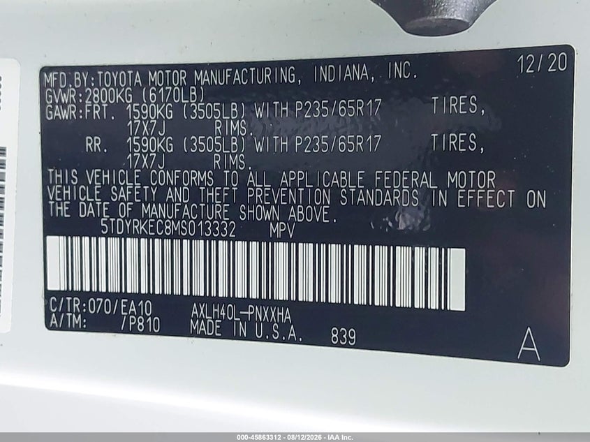 2021 Toyota Sienna VIN 5TDYRKEC8MS013332 IAAI salvage auction — REAR END, Salvage Title, sold $12,300 on 2026-09-08 (photo 9)