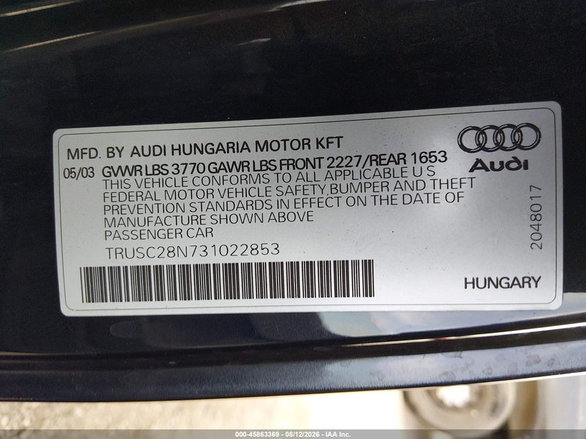 2003 Audi Tt VIN TRUSC28N731022853 IAAI salvage auction — NORMAL WEAR, Clear - Dealer Only (California), sold $175 on 2026-08-19 (photo 9)