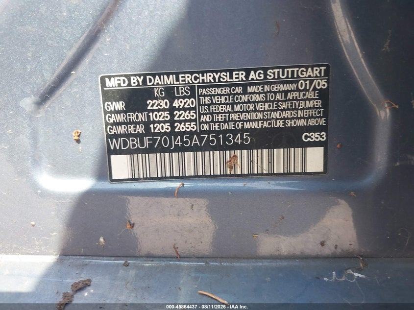 2005 Mercedes-benz E-class VIN WDBUF70J45A751345 IAAI salvage auction — NORMAL WEAR, Clear - Dealer Only (California), sold $375 on 2026-08-19 (photo 9)