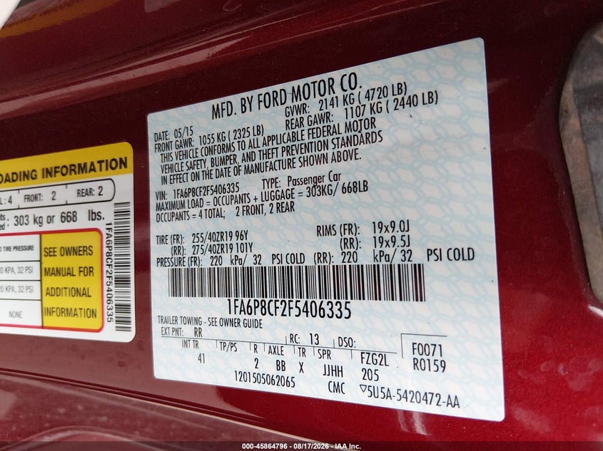 2015 Ford Mustang VIN 1FA6P8CF2F5406335 IAAI salvage auction — FRONT & REAR, Salvage (Connecticut), sold $4,550 on 2026-08-28 (photo 9)