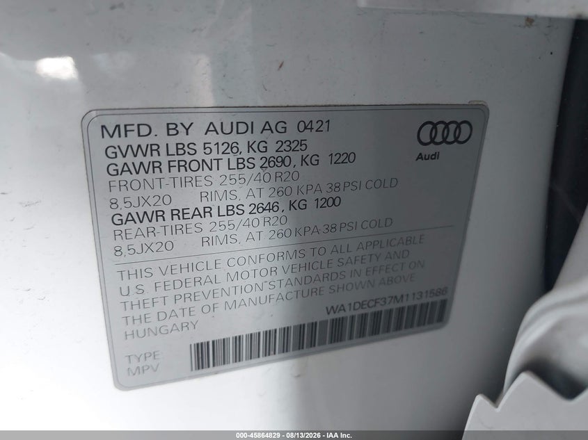 2021 Audi Q3 VIN WA1DECF37M1131586 IAAI salvage auction — REAR END, Wait Title, sold $8,200 on 2026-09-05 (photo 9)