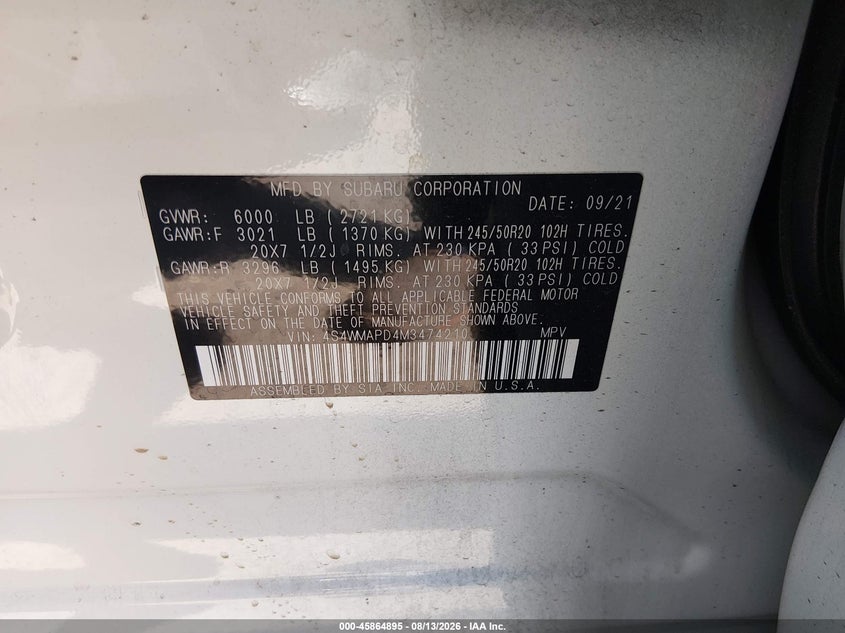 2021 Subaru Ascent VIN 4S4WMAPD4M3474210 IAAI salvage auction — NORMAL WEAR, Salvage (California), sold $7,125 on 2026-08-25 (photo 9)