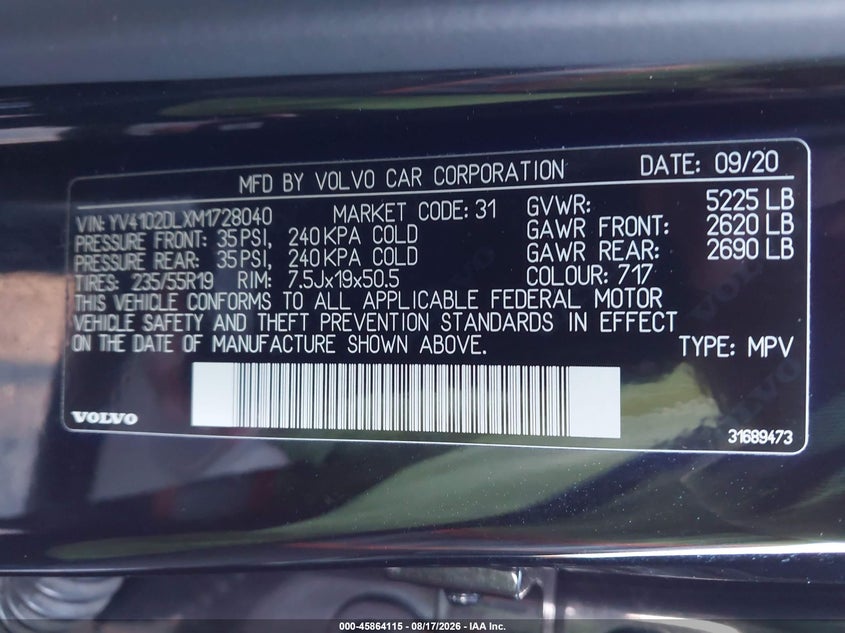 2021 Volvo Xc60 VIN YV4102DLXM1728040 IAAI salvage auction — BIO HAZARD, Salvage Certificate (California), sold $11,300 on 2026-09-04 (photo 9)