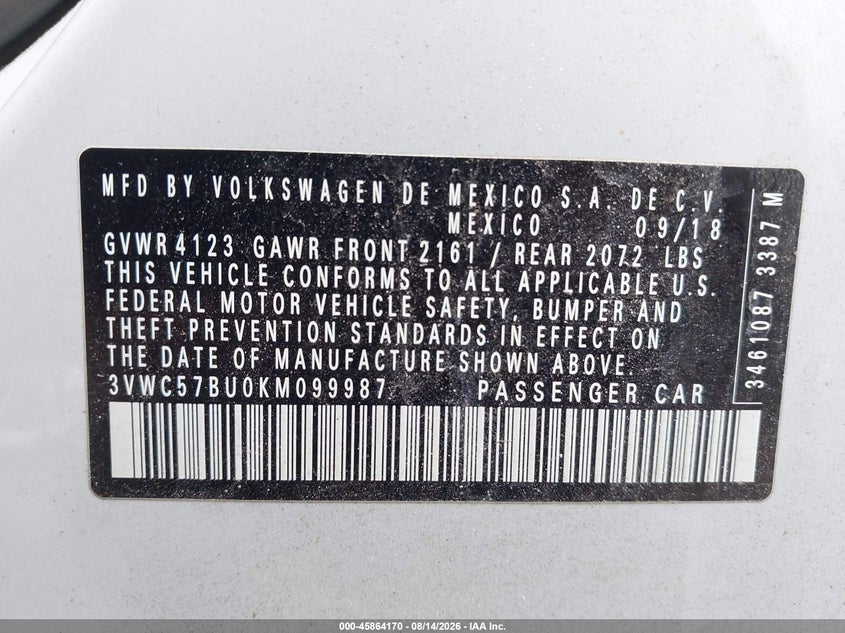 2019 Volkswagen Jetta VIN 3VWC57BU0KM099987 IAAI salvage auction — REAR END, Wait Title, sold $2,950 on 2026-09-02 (photo 9)