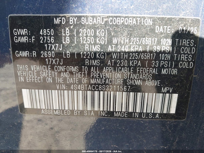 2025 Subaru Outback VIN 4S4BTACC8S3211567 IAAI salvage auction — HAIL, Salvage (Wisconsin), sold $12,000 on 2026-08-20 (photo 9)