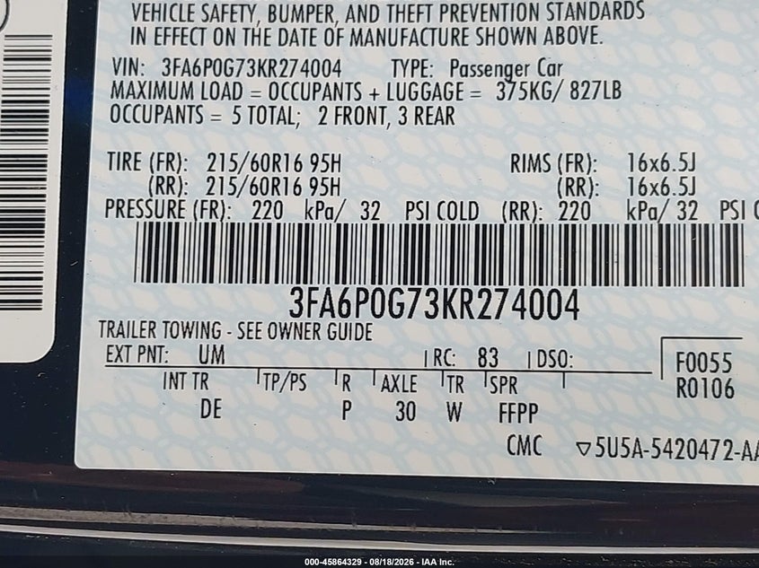 2019 Ford Fusion VIN 3FA6P0G73KR274004 IAAI salvage auction — NORMAL WEAR, SF97 (Maryland), sold $12,275 on 2026-09-08 (photo 9)
