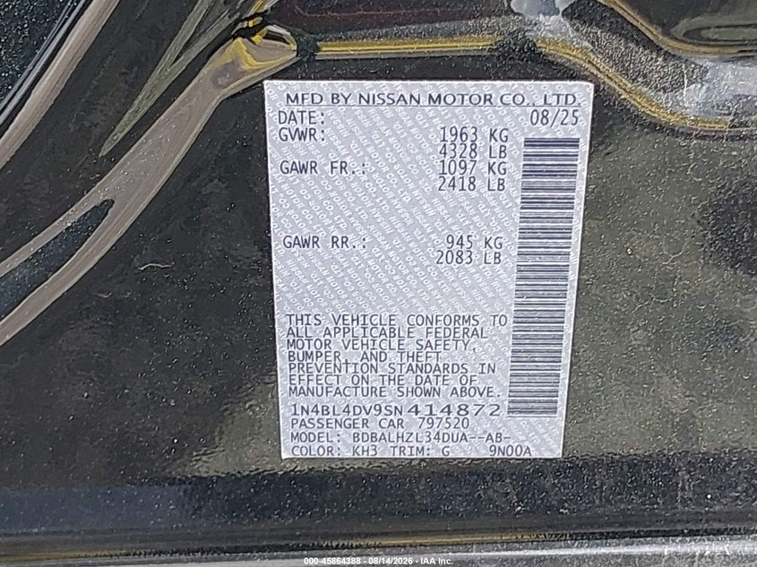 2025 Nissan Altima VIN 1N4BL4DV9SN414872 IAAI salvage auction — REAR END, Salvage Title, sold $14,650 on 2026-08-20 (photo 9)