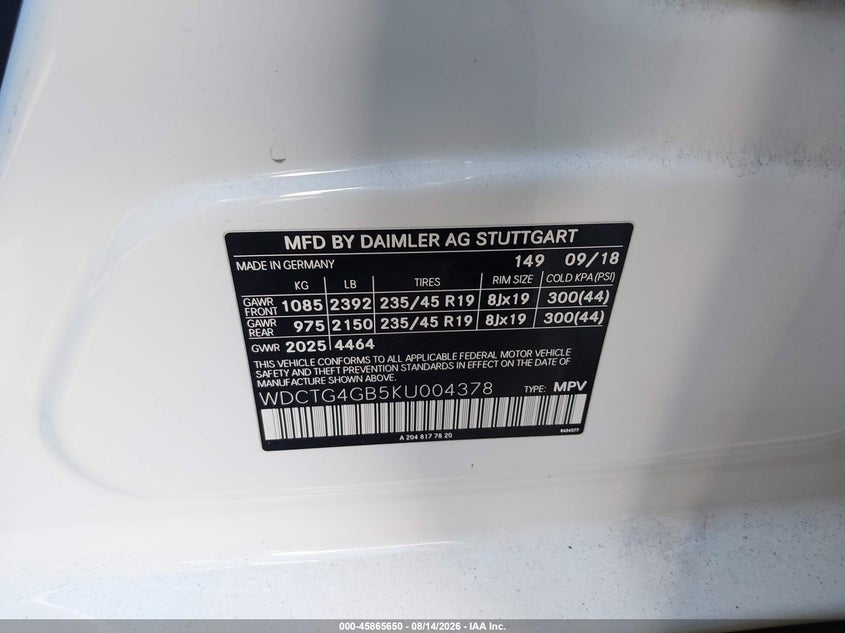 2019 Mercedes-benz Gla-klasse VIN WDCTG4GB5KU004378 IAAI salvage auction — LEFT FRONT, Salvage Certificate (California), sold $5,625 on 2026-08-19 (photo 9)