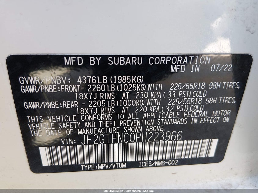 2023 Subaru Xv VIN JF2GTHNC0PH223966 IAAI salvage auction — LEFT SIDE, Salvage (Kansas), sold $7,850 on 2026-09-09 (photo 9)
