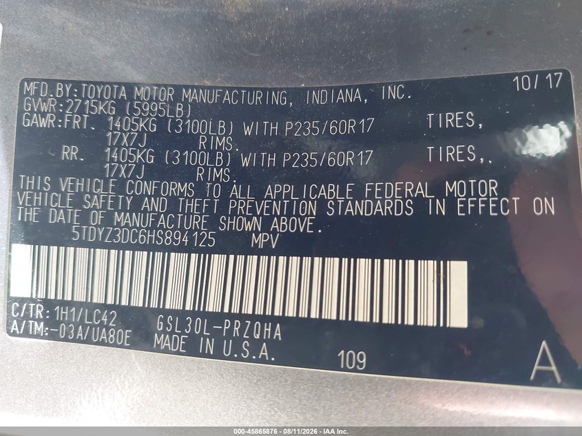 2017 Toyota Sienna VIN 5TDYZ3DC6HS894125 IAAI salvage auction — NORMAL WEAR, Salvage Title, sold $10,000 on 2026-08-20 (photo 9)