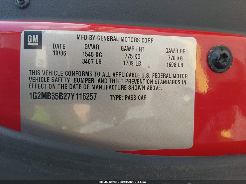 2007 Pontiac Solstice VIN 1G2MB35B27Y116257 IAAI salvage auction — NORMAL WEAR, Clear (South Carolina), sold $675 on 2026-08-19 (photo 9)