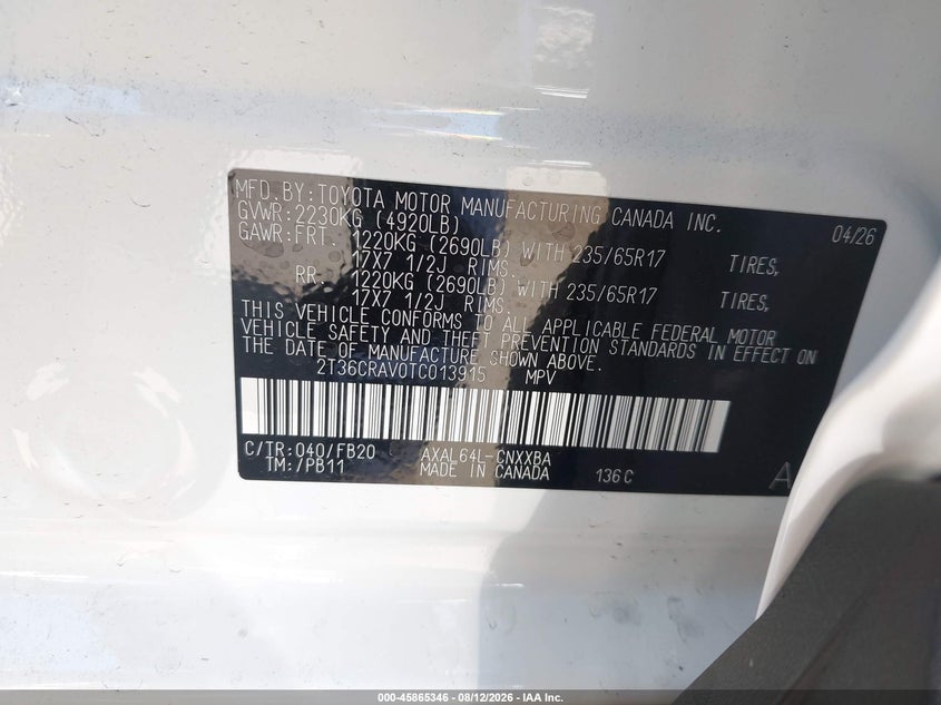 2026 Toyota RAV4 VIN 2T36CRAV0TC013915 IAAI salvage auction — Rear End, Salvage (California), sold $21,600 on 2026-09-24 (photo 9)