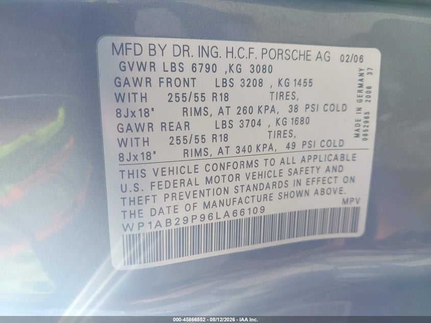 2006 Porsche Cayenne VIN WP1AB29P96LA66109 IAAI salvage auction — NORMAL WEAR, Clear (Florida), sold $375 on 2026-08-19 (photo 9)