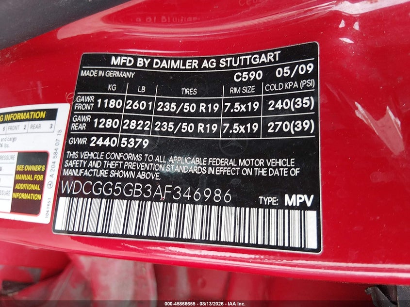 2010 Mercedes-benz Glk-class VIN WDCGG5GB3AF346986 IAAI salvage auction — NORMAL WEAR, Salvage Title - Dealer (California), sold $500 on 2026-08-20 (photo 9)