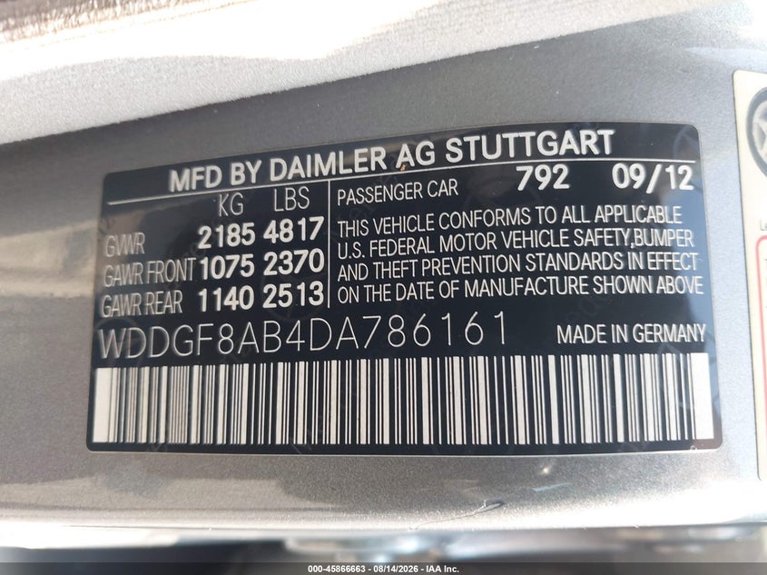2013 Mercedes-benz C class VIN WDDGF8AB4DA786161 IAAI salvage auction — NORMAL WEAR, Clear (Pennsylvania), sold $1,000 on 2026-08-19 (photo 9)