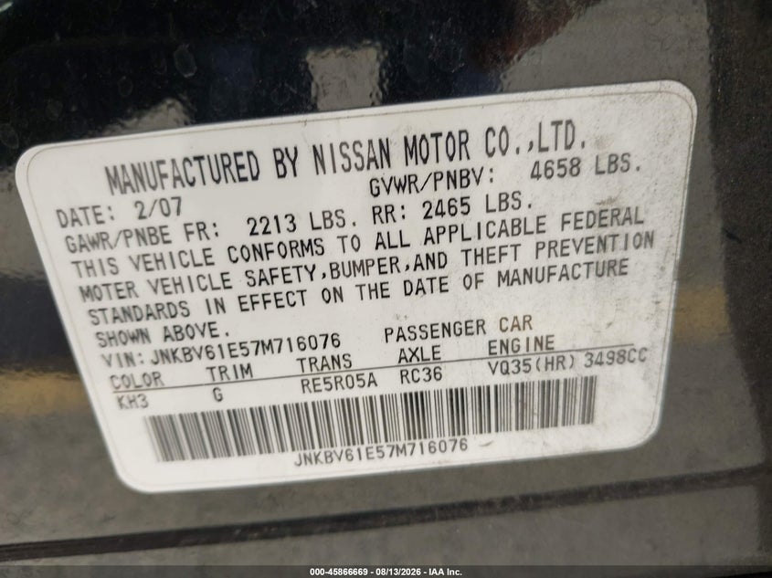 2007 Infiniti G35 VIN JNKBV61E57M716076 IAAI salvage auction — NORMAL WEAR, Clear - Dealer Only (California), sold $700 on 2026-08-19 (photo 9)