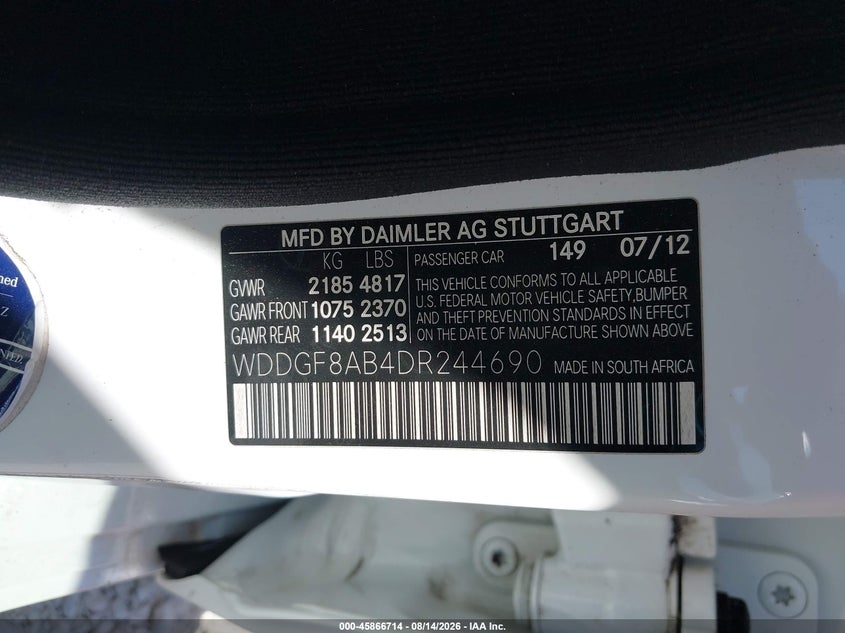 2013 Mercedes-benz VIN WDDGF8AB4DR244690 IAAI salvage auction — VANDALISM, Clear (Massachusetts), sold $1,200 on 2026-08-21 (photo 9)
