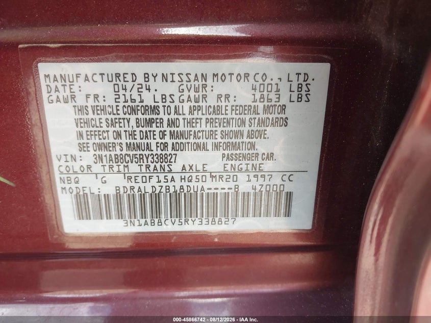 2024 Nissan Sentra VIN 3N1AB8CV5RY338827 IAAI salvage auction — REAR END, Salvage Title, sold $8,600 on 2026-08-19 (photo 9)