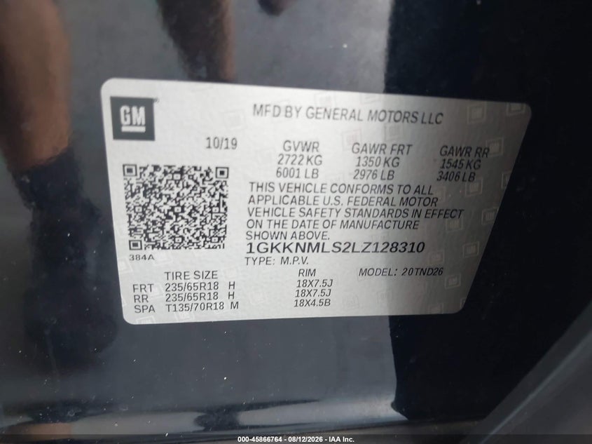2020 Gmc Acadia VIN 1GKKNMLS2LZ128310 IAAI salvage auction — FRONT END, Salvage Title, sold $1,600 on 2026-09-06 (photo 9)