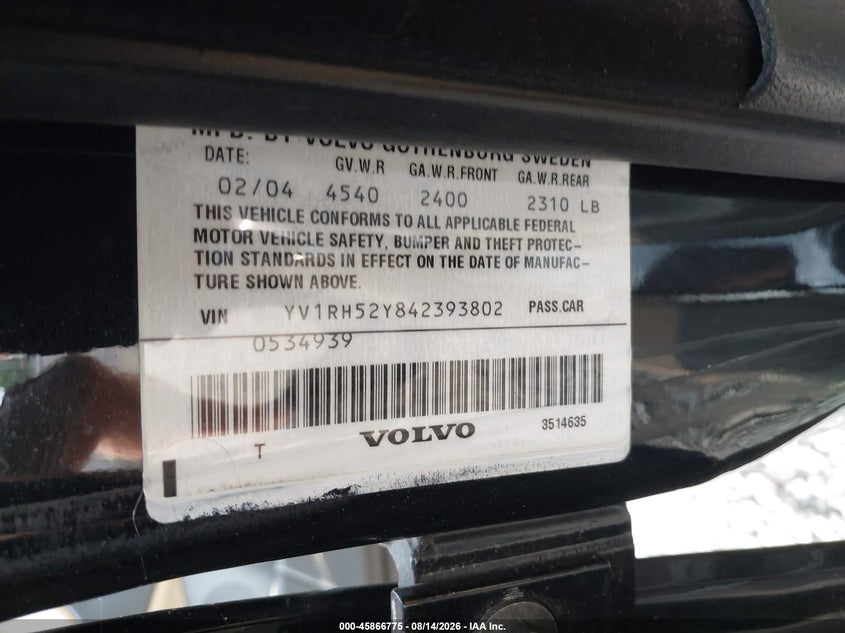 2004 Volvo S60 VIN YV1RH52Y842393802 IAAI salvage auction — NORMAL WEAR, Clear (North Carolina), sold $1,300 on 2026-08-21 (photo 9)