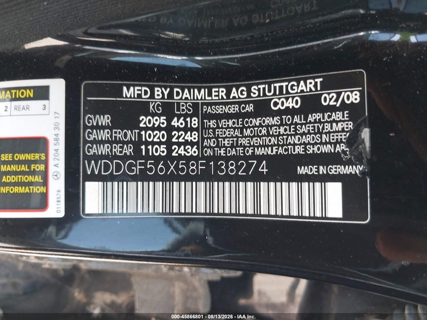 2008 Mercedes-benz C class VIN WDDGF56X58F138274 IAAI salvage auction — NORMAL WEAR, Clear (Kansas), sold $475 on 2026-08-20 (photo 9)