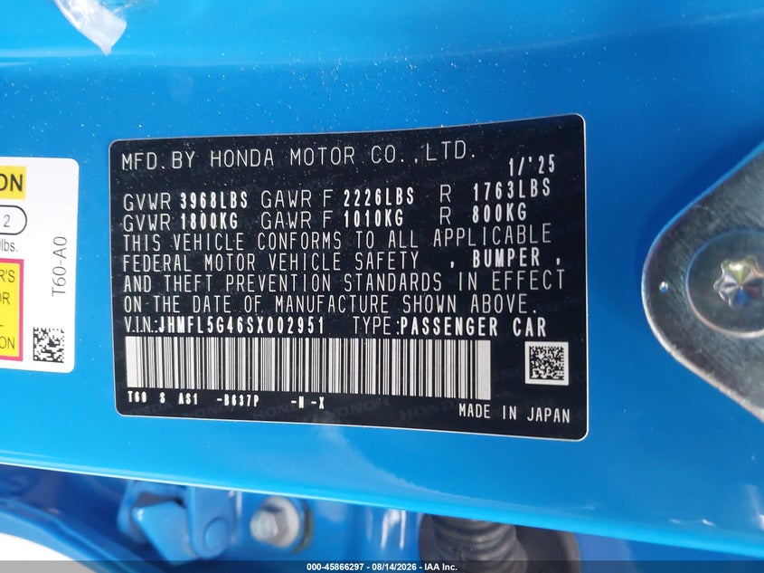2025 Honda Civic type r VIN JHMFL5G46SX002951 IAAI salvage auction — SIDE, Wait Title, sold $23,050 on 2026-09-23 (photo 9)