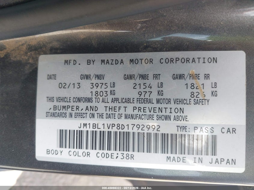 2013 Mazda 3 VIN JM1BL1VP8D1792992 IAAI salvage auction — SIDE, Wait Title, sold $250 on 2026-10-15 (photo 9)