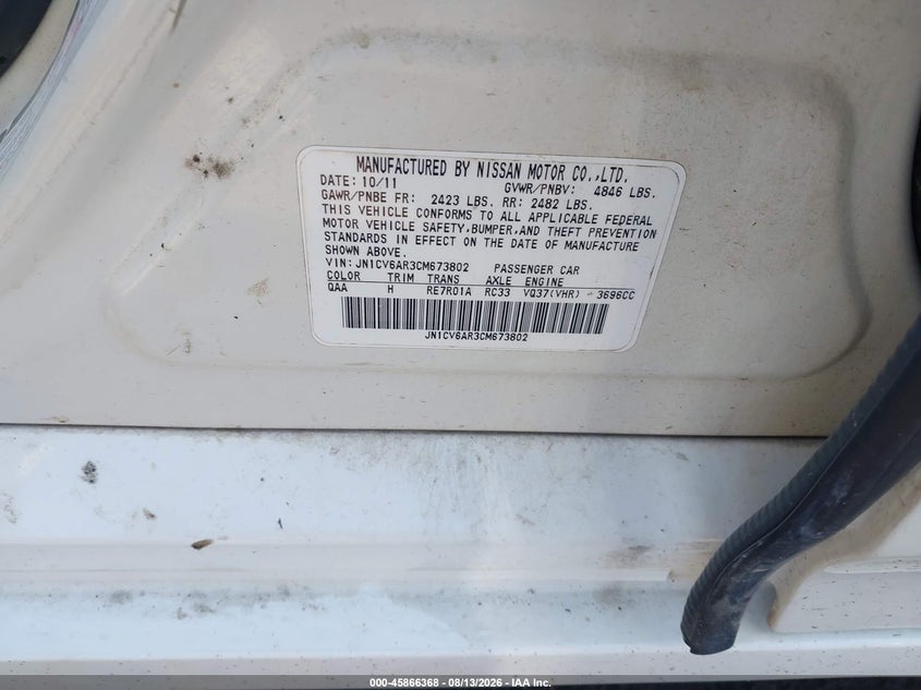 2012 Infiniti G VIN JN1CV6AR3CM673802 IAAI salvage auction — FRONT END, Salvage Title, sold $1,150 on 2026-09-21 (photo 9)
