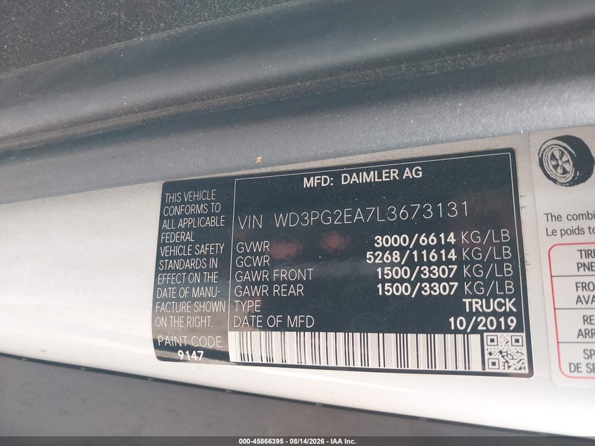 2020 Mercedes-benz Metris VIN WD3PG2EA7L3673131 IAAI salvage auction — FRONT & REAR, Salvage Title, sold $8,900 on 2026-08-19 (photo 9)