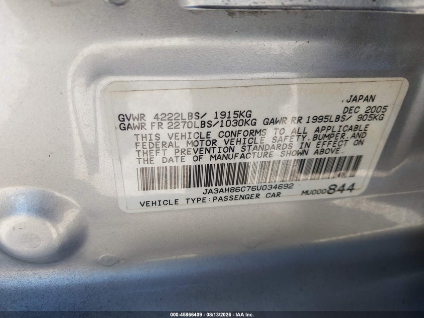 2006 Mitsubishi Lancer evolution VIN JA3AH86C76U034692 IAAI salvage auction — FRONT END, Salvage (California), sold $18,600 on 2026-08-21 (photo 9)