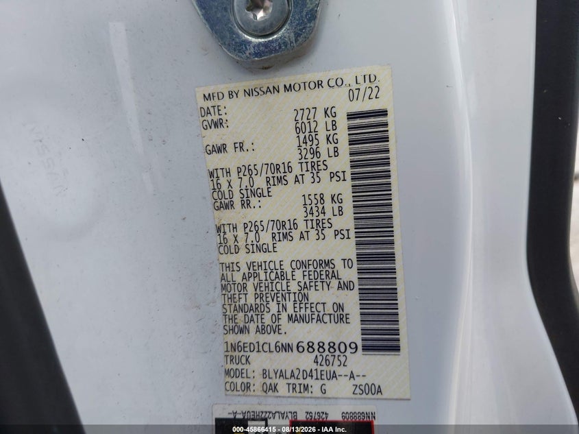 2022 Nissan Navara (frontier) VIN 1N6ED1CL6NN688809 IAAI salvage auction — FRONT & REAR, Enterprise Vehicles Clear Only (Texas), sold $10,200 on 2026-08-17 (photo 9)