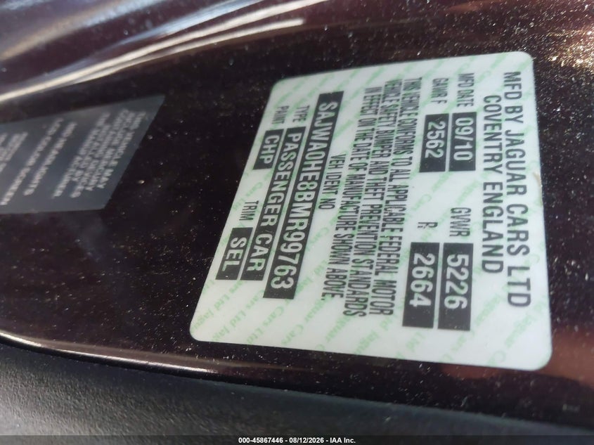 2011 Jaguar Xf VIN SAJWA0HE8BMR99763 IAAI salvage auction — NORMAL WEAR, Clear-Dealer Only (Indiana), sold $800 on 2026-09-08 (photo 9)