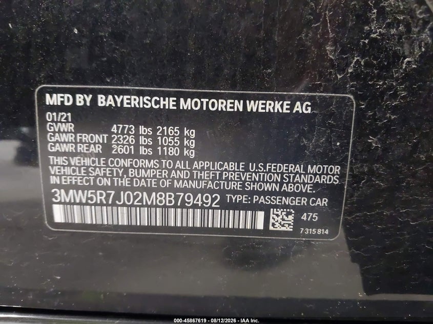 2021 BMW 3er VIN 3MW5R7J02M8B79492 IAAI salvage auction — FRONT END, Wait Title, sold $9,550 on 2026-09-23 (photo 9)
