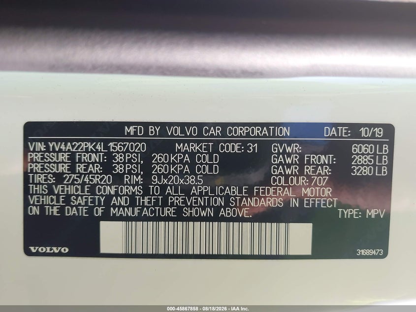 2020 Volvo Xc90 VIN YV4A22PK4L1567020 IAAI salvage auction — RIGHT FRONT, Salvage - Greater Than 75% (Maryland), sold $6,900 on 2026-09-08 (photo 9)