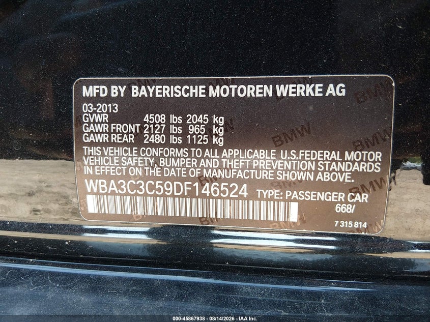 2013 BMW 3er VIN WBA3C3C59DF146524 IAAI salvage auction — REAR END, Wait Title, sold $775 on 2026-08-21 (photo 9)
