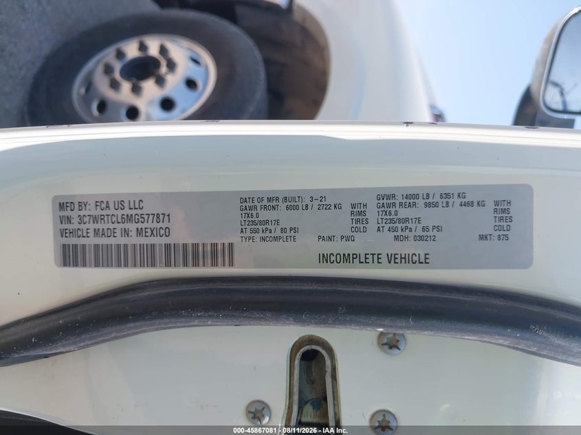 2021 Ram 3500 VIN 3C7WRTCL6MG577871 IAAI salvage auction — SIDE, Salvage Title, sold $29,200 on 2026-08-20 (photo 8)