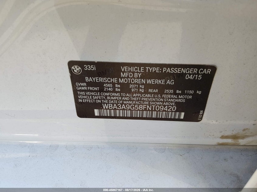 2015 BMW VIN WBA3A9G58FNT09420 IAAI salvage auction — RIGHT SIDE, Salvage Certificate (California), sold $1,300 on 2026-08-21 (photo 9)