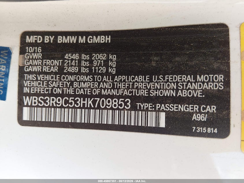 2017 BMW M4 VIN WBS3R9C53HK709853 IAAI salvage auction — NORMAL WEAR, Salvage Title, sold $25,250 on 2026-08-25 (photo 9)