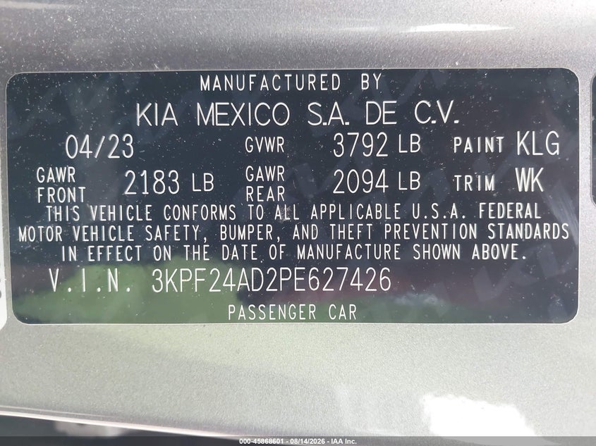 2023 Kia Forte VIN 3KPF24AD2PE627426 IAAI salvage auction — NORMAL WEAR, Salvage Title, sold $9,550 on 2026-08-19 (photo 9)