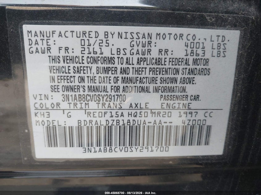 2025 Nissan Sentra VIN 3N1AB8CV0SY291700 IAAI salvage auction — RIGHT FRONT, Enterprise Vehicles Clear Only (Michigan), sold $9,350 on 2026-08-19 (photo 9)