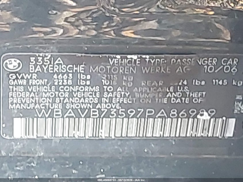 2007 BMW 3 series VIN WBAVB73597PA86989 IAAI salvage auction — WATER/FLOOD, Mv-907A (New York), sold $700 on 2026-09-09 (photo 9)