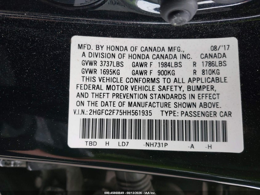 2017 Honda Civic VIN 2HGFC2F75HH561935 IAAI salvage auction — FRONT & REAR, Salvage Title, sold $4,550 on 2026-08-30 (photo 9)