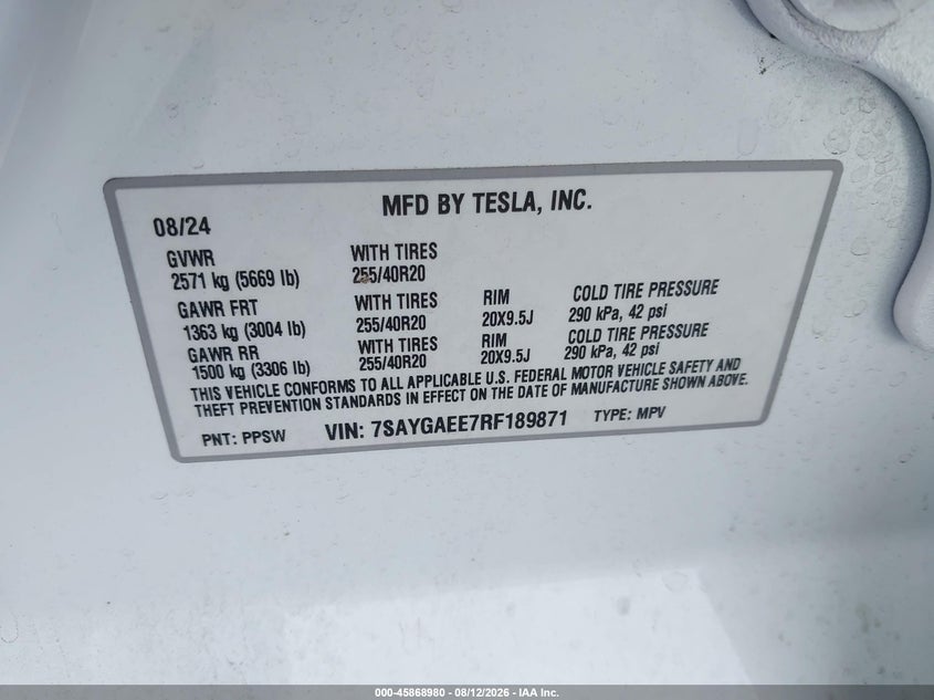 2024 Tesla Model y VIN 7SAYGAEE7RF189871 IAAI salvage auction — REAR END, Wait Title, sold $11,300 on 2026-09-02 (photo 9)