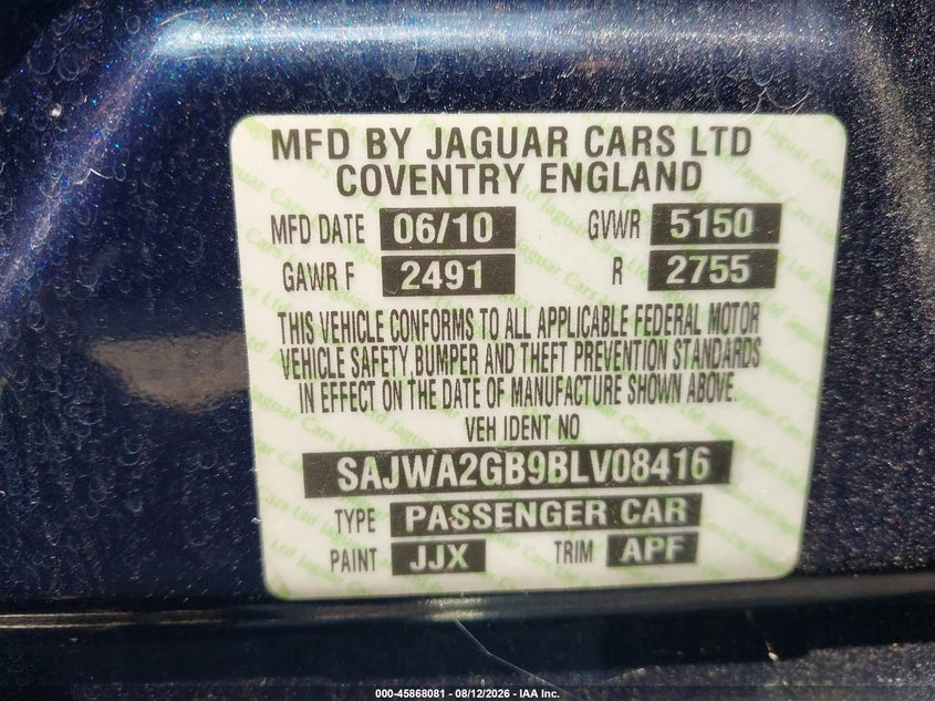 2011 Jaguar Xj VIN SAJWA2GB9BLV08416 IAAI salvage auction — REPOSSESSION, Repossession Paperwork (North Carolina), sold $1,400 on 2026-09-08 (photo 9)